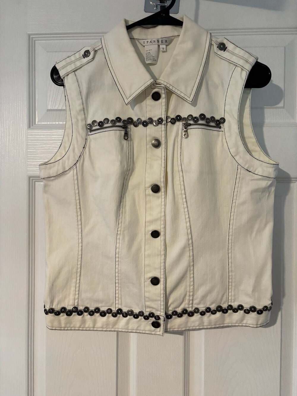 Vintage 90s Spanner White Denim Vest with Studded Detail, Size 8